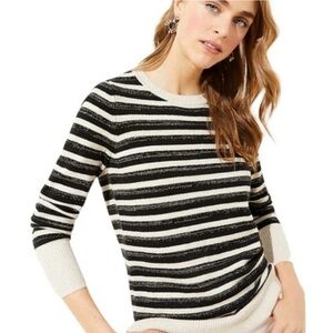 LOFT Black and Cream Striped Crew Neck Sweater